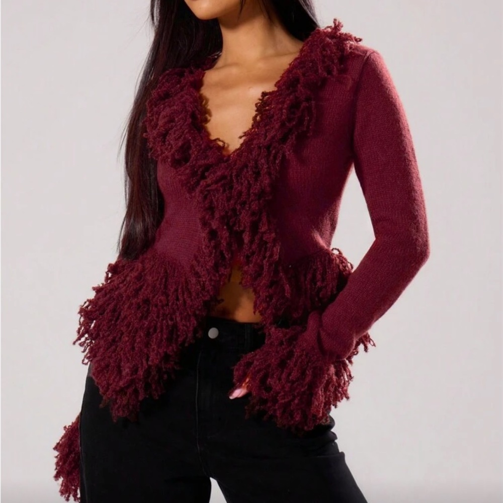 SHEIN Burgundy Fringed Cardigan